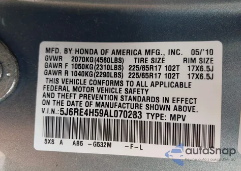 2010 Honda Cr-V Ex from USA, damaged, VIN 5J6RE4H59AL070283